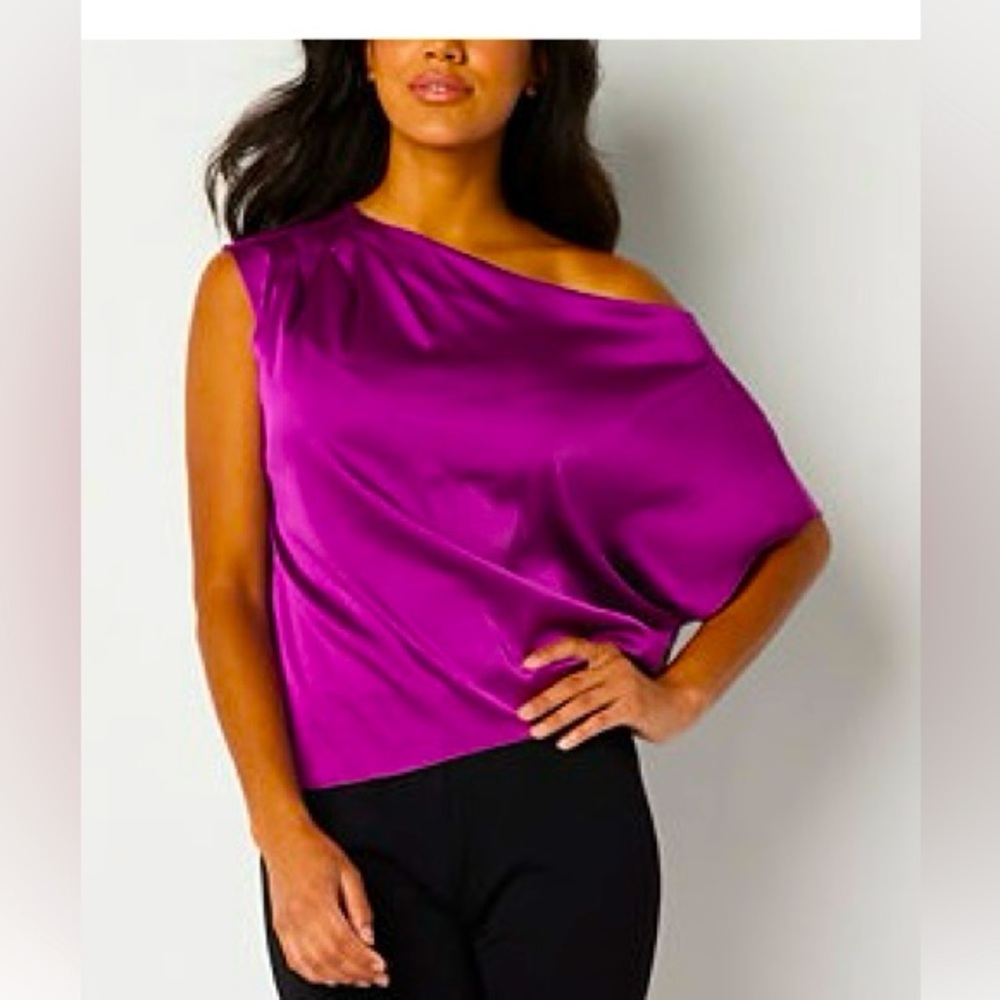 Bold Elements Women’s Satin One Shoulder Blouse Sleeveless. Tropical Orchid.